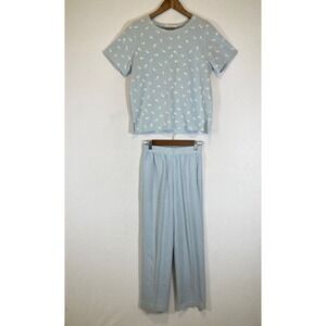 VTG Cottagecore Ecco Petites Womens Small Blue Floral Ribbed 2pc Pant Set Outfit